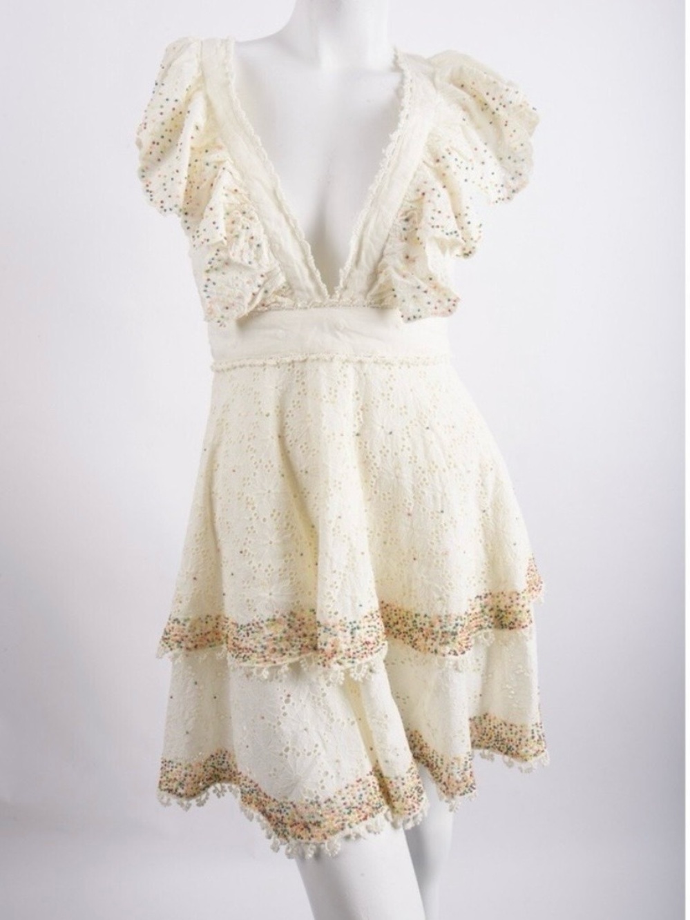 FARM Rio Cream Eyelet Mini Dress with Multicolor Speckle Trim